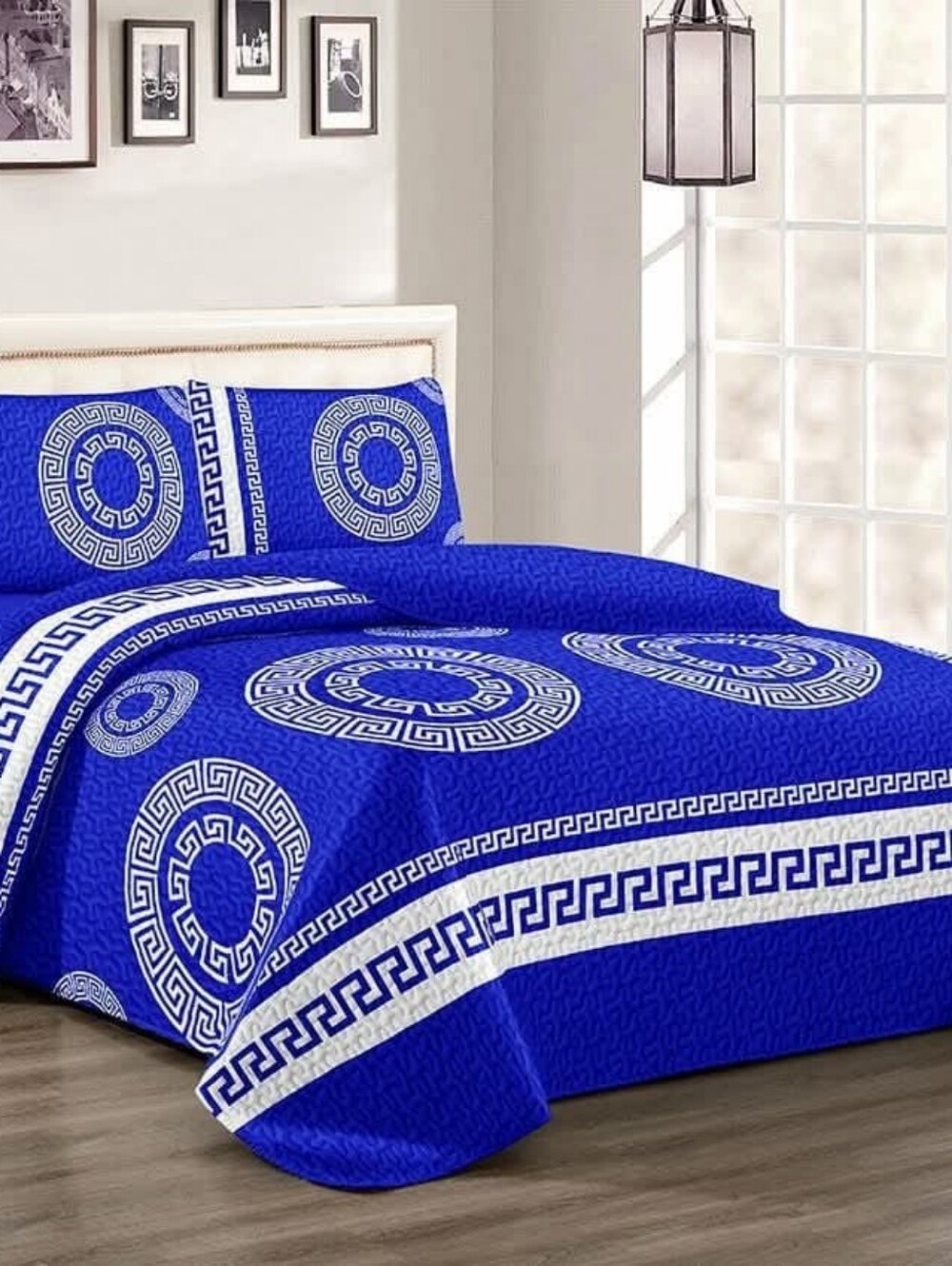 Home Accents Bright Blue Throw Pillow with White Greek Key Border